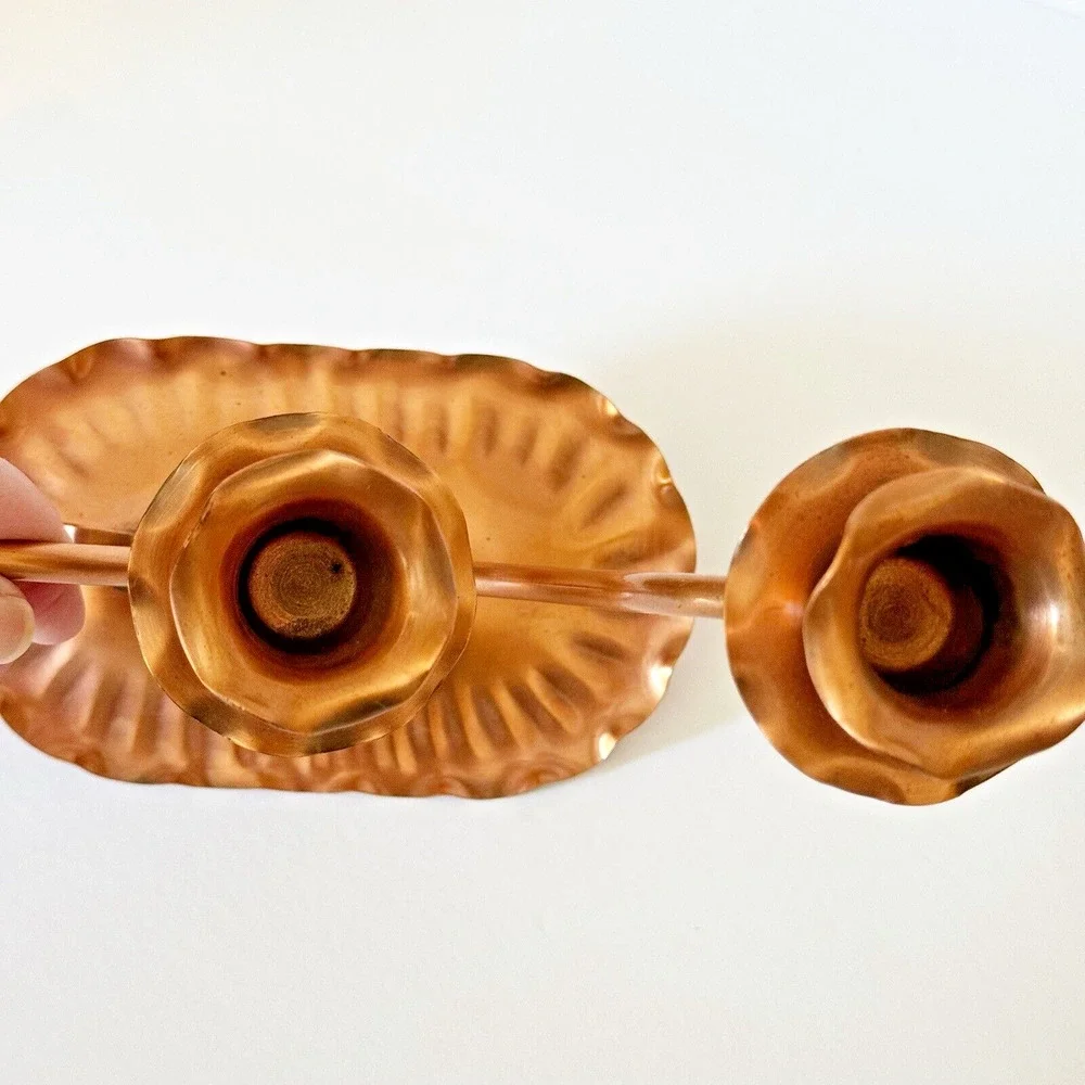 Vintage Solid Hammered Copper Candle Holders Candelabra Snuffer Gregorian MCM - Picture 9 of 14